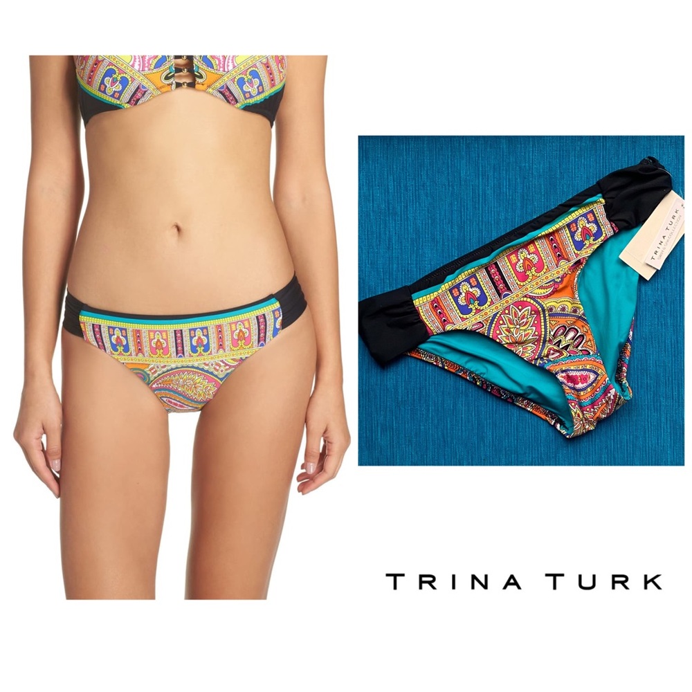 Trina Turk Nepal paisley print Shirred Black Side Bikini Bottoms NWT size 4